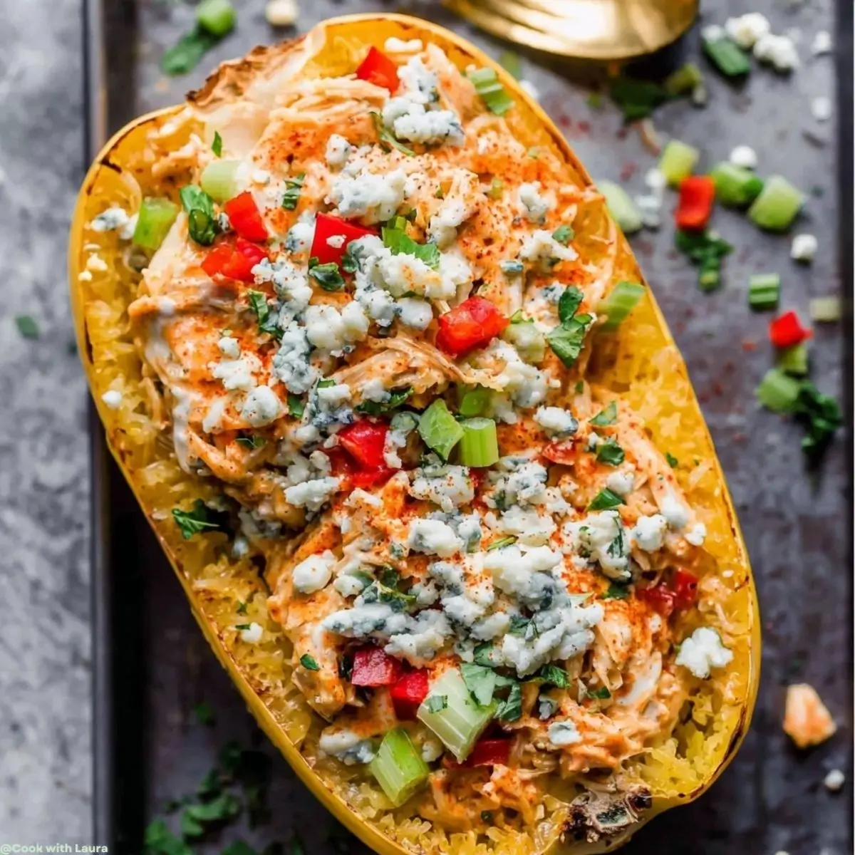 Easy Buffalo Chicken Stuffed Spaghetti Squash Recipe