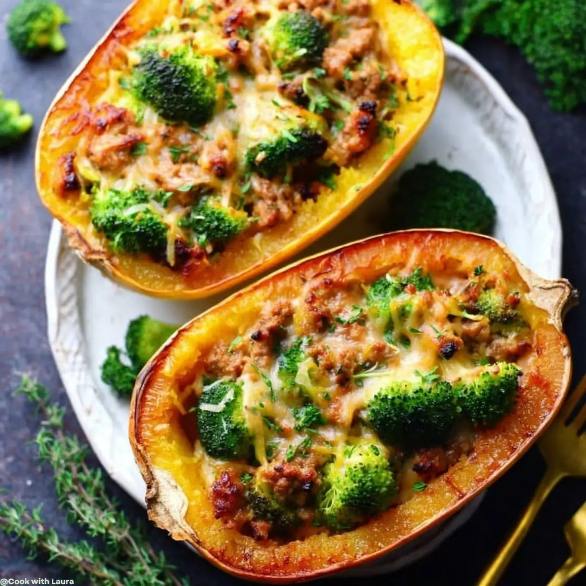 Easy Stuffed Spaghetti Squash with Broccoli & Sausage